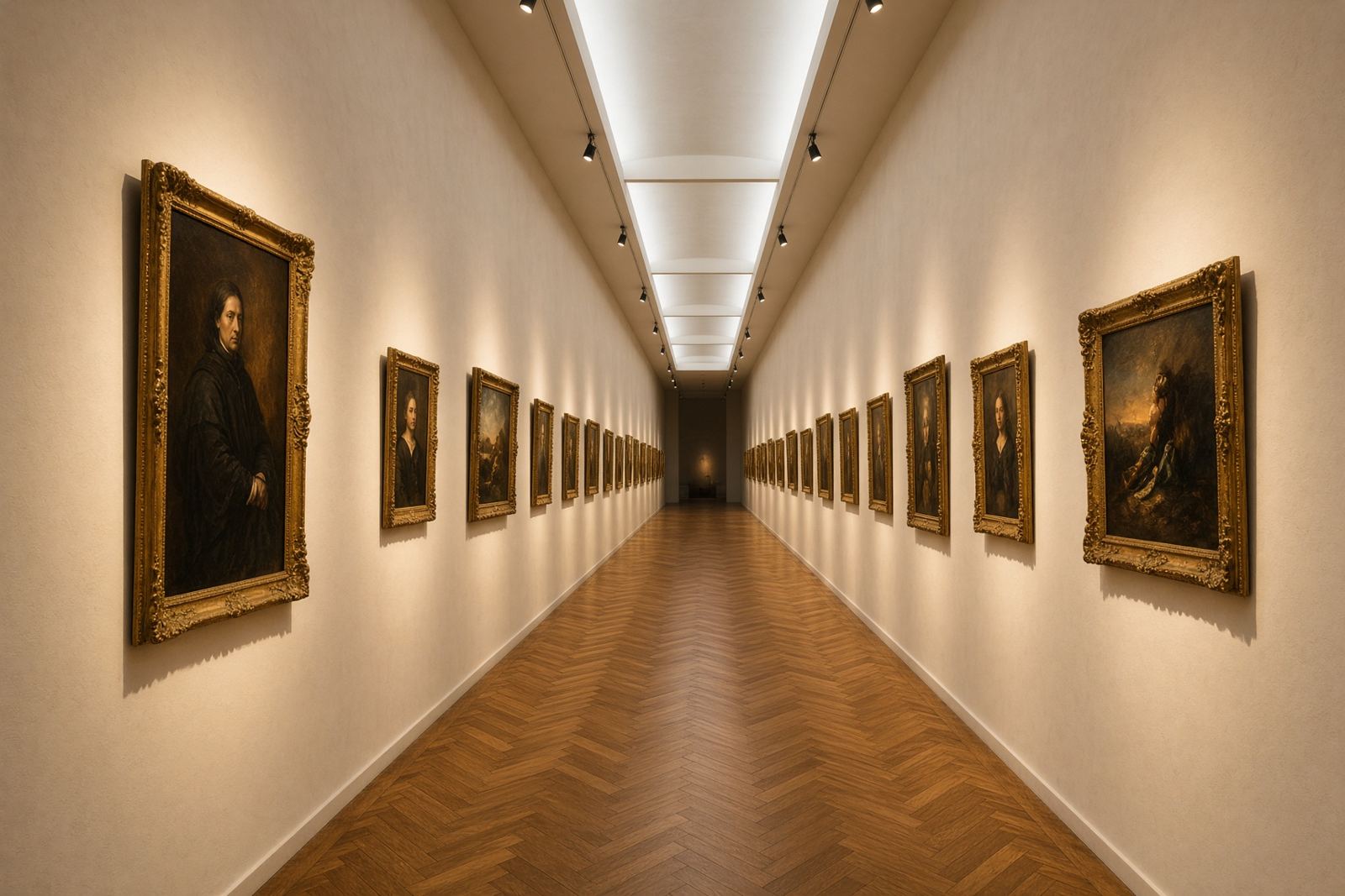 A quiet museum hallway with framed paintings